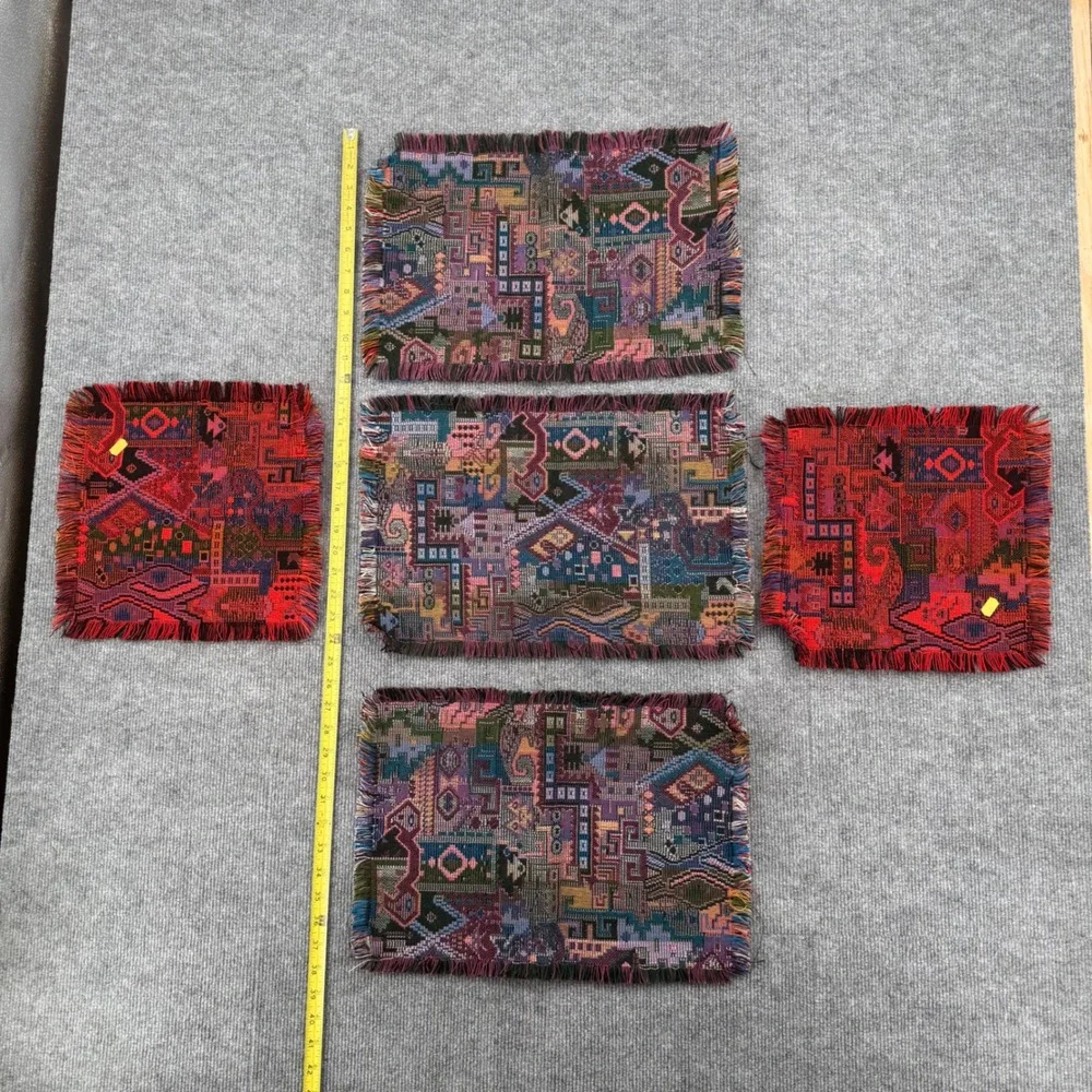Vintage Woven Tapestry Druze Set of 5 Geometric Abstract Fringed Multi-Color